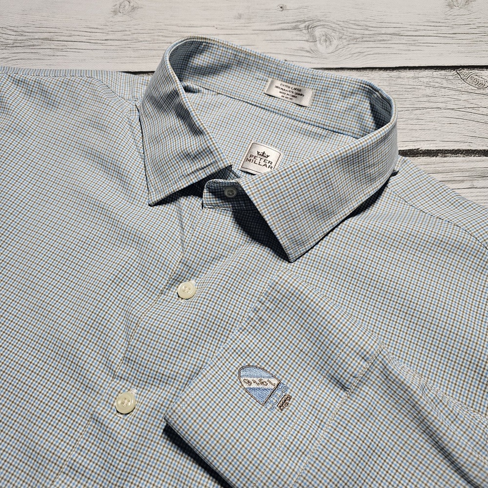 Peter Millar Crown Sport Long‎ Sleeve Button Up Shirt Men's XL Plaid Blue White